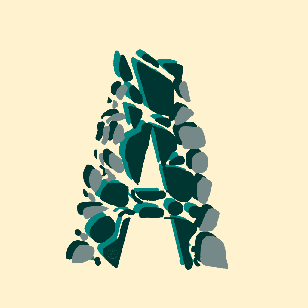 The letter A outlined with abstract organic shapes. The background is a warm shade of yellow and the free form, organic, shapes are shades of green, teal and grey